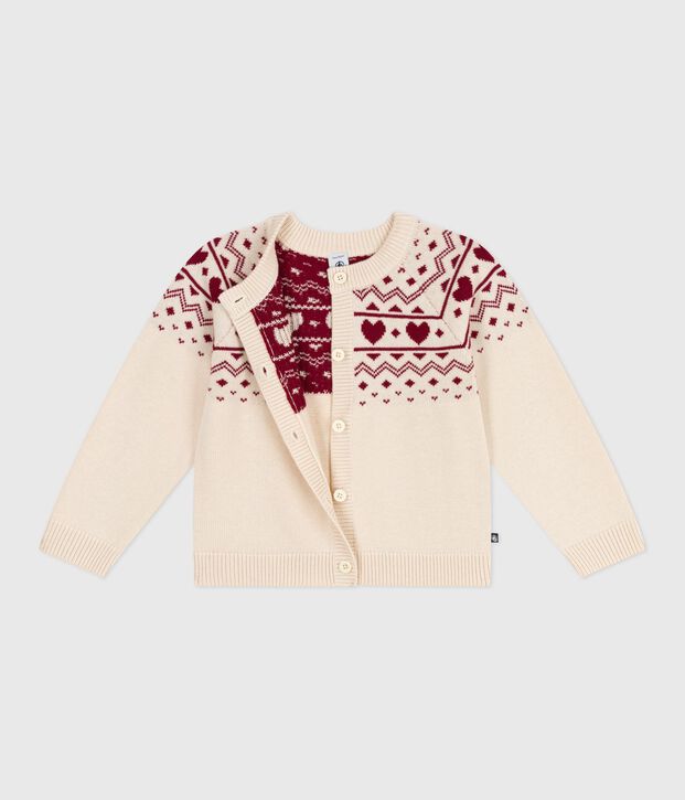 Cardigan enfant en laine et coton &agrave; motif jacquard &eacute;cru/rouge