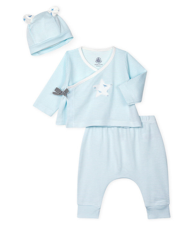 Lot cadeau b&eacute;b&eacute; 3 pi&egrave;ces en c&ocirc;te bleu/blanc