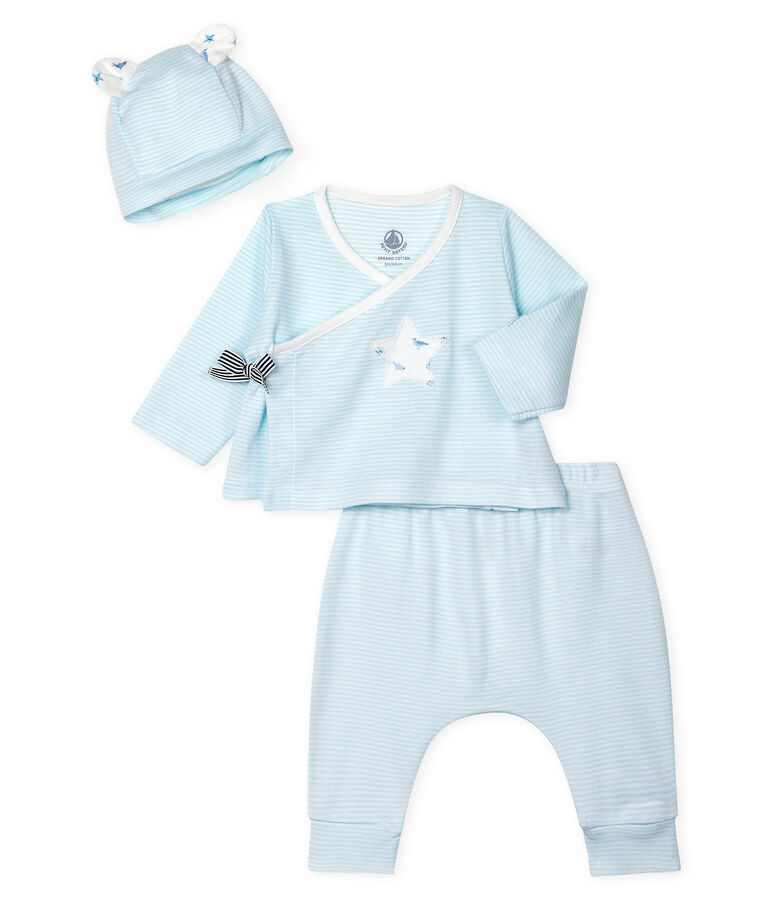 Lot cadeau b&eacute;b&eacute; 3 pi&egrave;ces en c&ocirc;te bleu/blanc