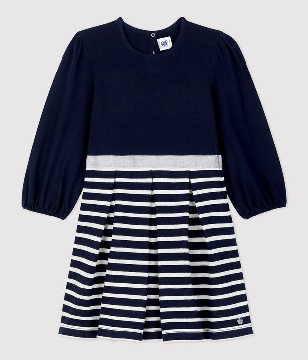 Robe manches longues en coton enfant fille bleu/MARSHMALLOW ARGENT BRILLANT