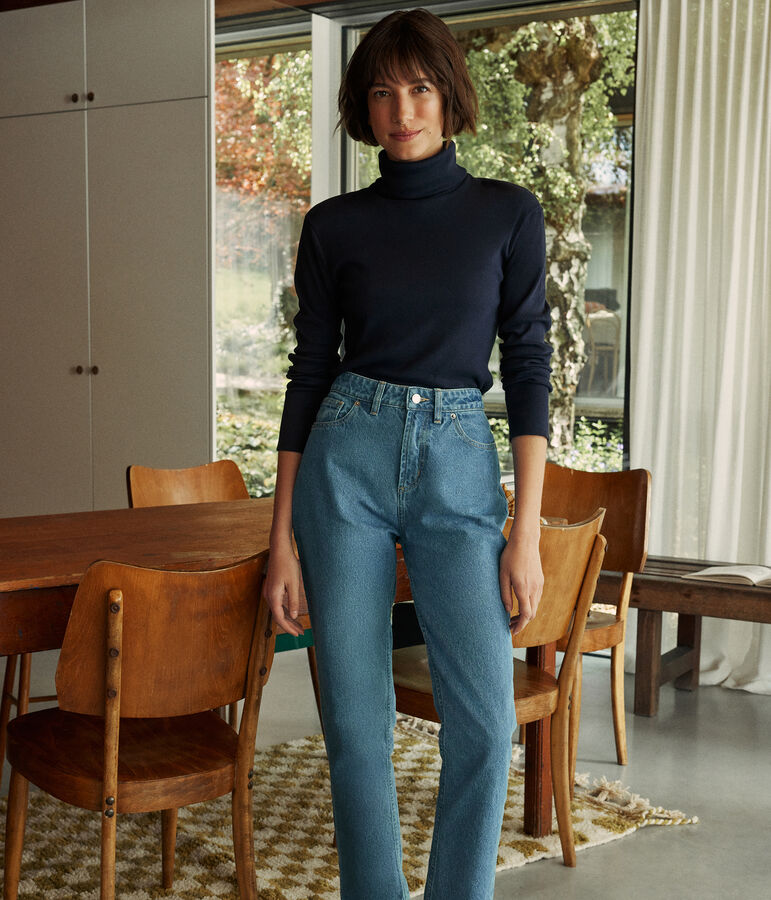 Tee-shirt l'Iconique Col roul&eacute; en c&ocirc;te 2x2 femme bleu SMOKING