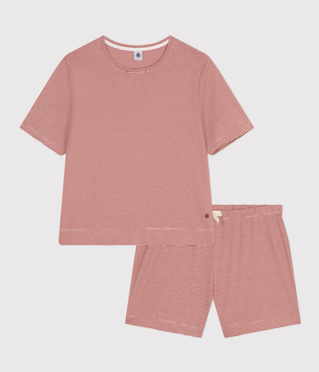 Pyjama short et tee-shirt en coton ray&eacute; femme marron/blanc