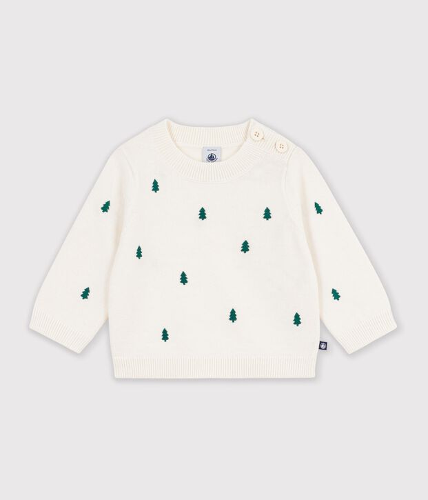Pull b&eacute;b&eacute; en laine et coton et sapins brod&eacute;es &eacute;cru/vert