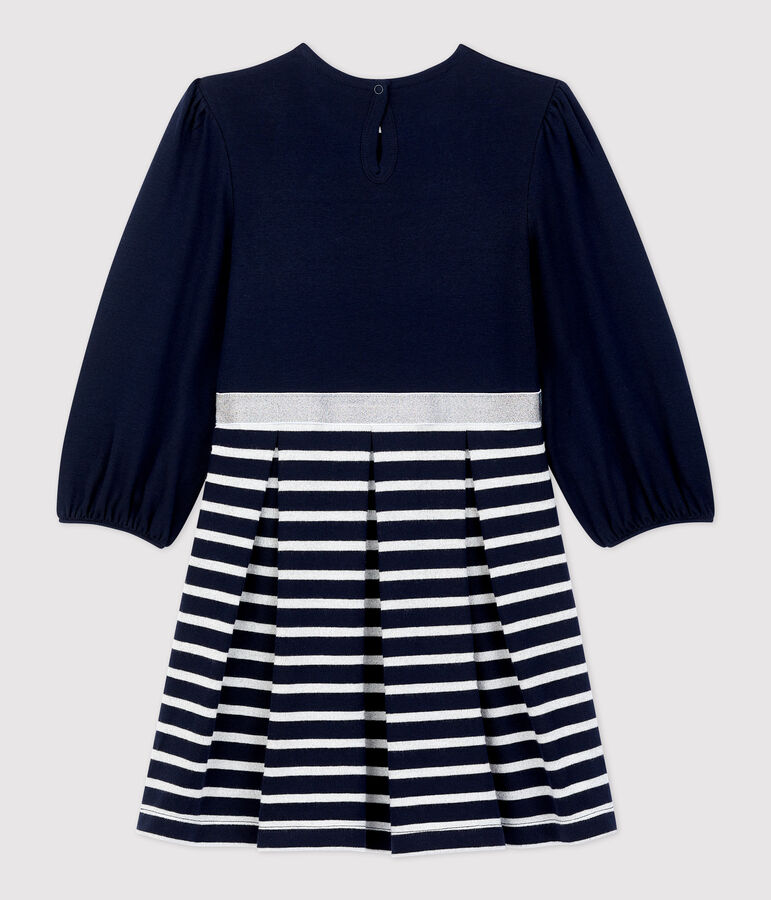 Robe manches longues en coton enfant fille bleu SMOKING/ MARSHMALLOW ARGENT BRILLANT