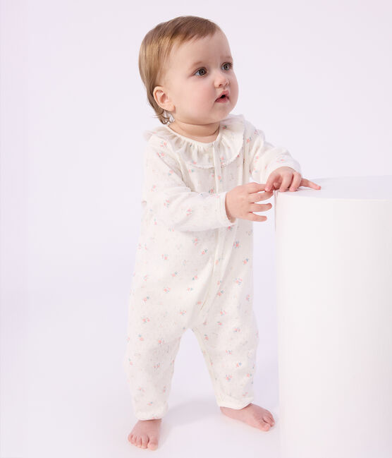 Pyjama bébé en coton ajouré sans pieds avec col imprimé fleuri blanc MARSHMALLOW/blanc MULTICO