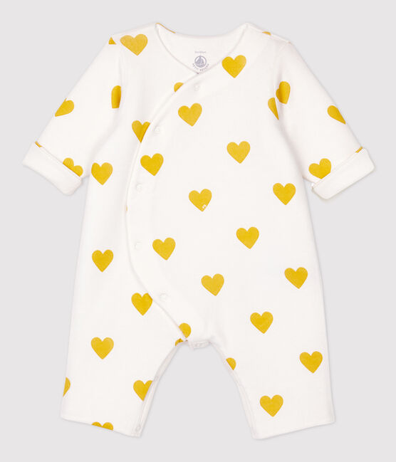 Combinaison longue cœurs jaunes bébé fille en coton biologique blanc MARSHMALLOW/jaune OCRE