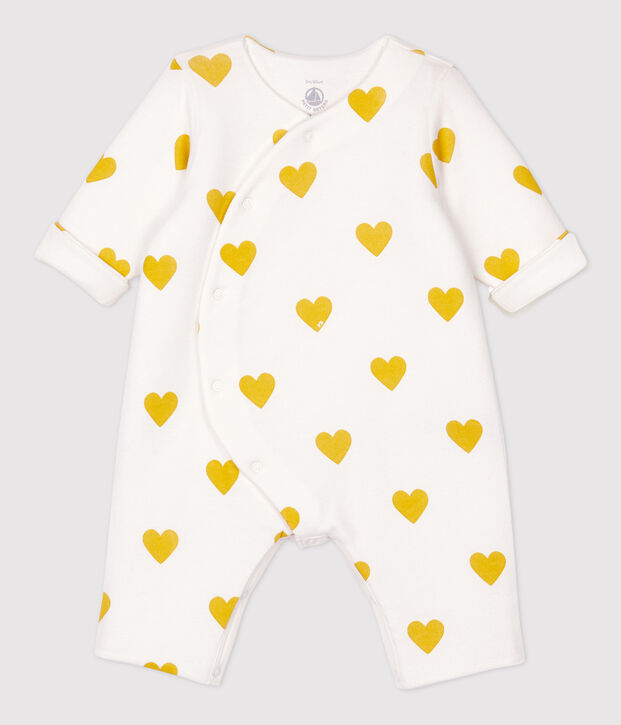Combinaison longue c&oelig;urs jaunes b&eacute;b&eacute; fille en coton biologique blanc/jaune