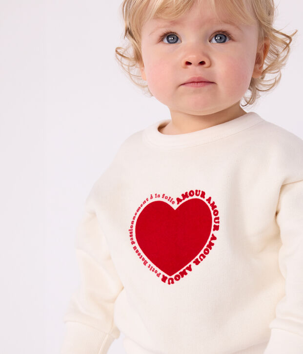 Sweatshirt b&eacute;b&eacute; en coton motif c&oelig;ur blanc cass&eacute;