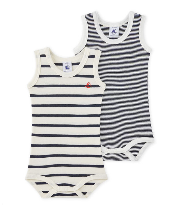 Lot de 2 bodies b&eacute;b&eacute; gar&ccedil;on sans manches ray&eacute;s blanc