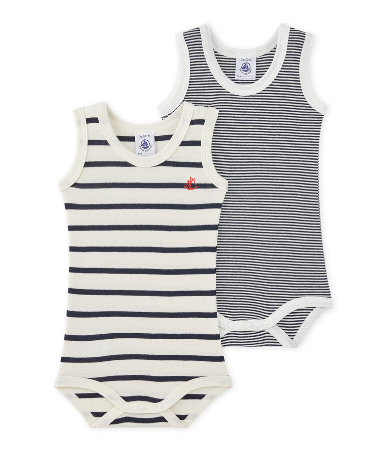Lot de 2 bodies b&eacute;b&eacute; gar&ccedil;on sans manches ray&eacute;s blanc LOT