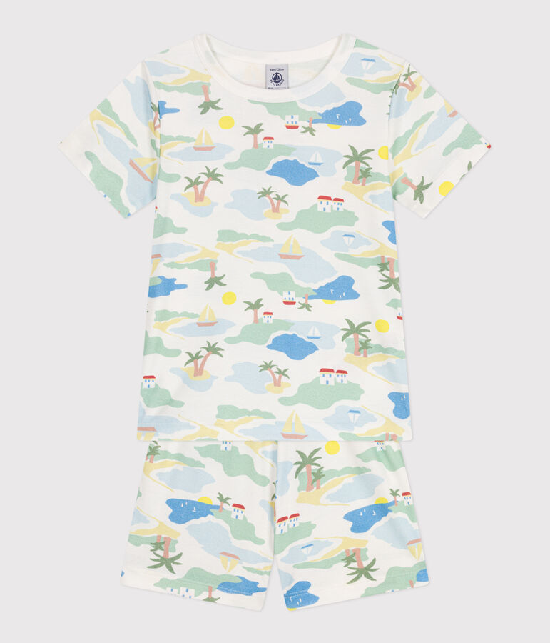 Pyjama short enfant en coton imprim&eacute; blanc MARSHMALLOW/blanc MULTICO
