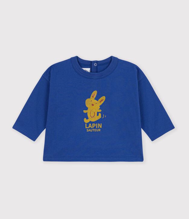 Tee-shirt b&eacute;b&eacute; en coton manches longues uni &agrave; motif bleu