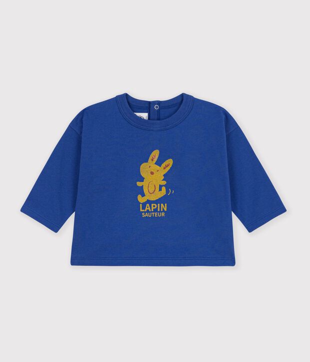 Tee-shirt b&eacute;b&eacute; en coton manches longues uni &agrave; motif bleu