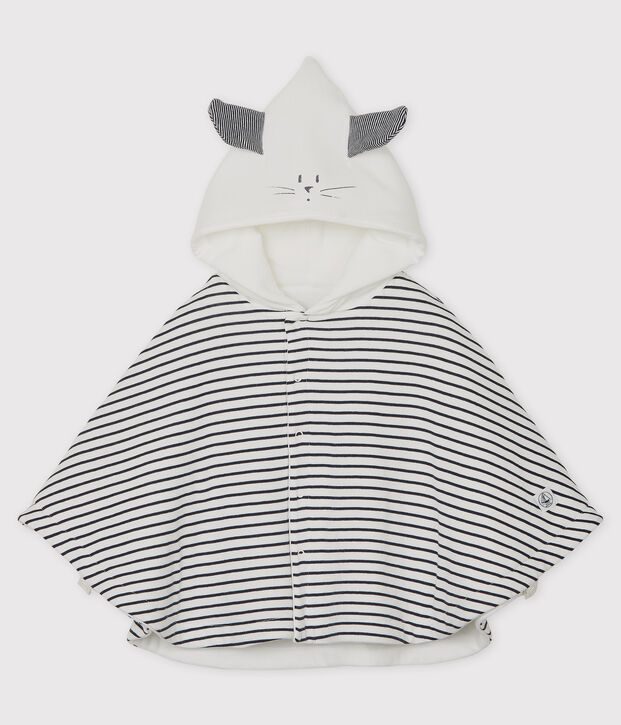 Cape ray&eacute;e &agrave; capuche b&eacute;b&eacute; en coton biologique blanc/bleu