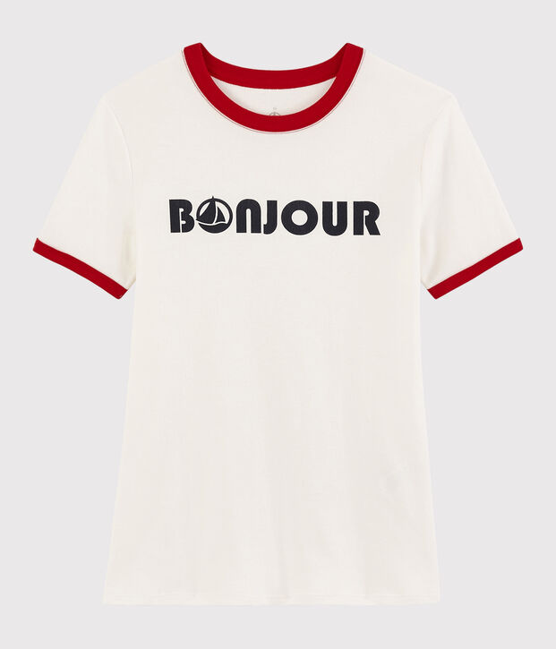T-shirt imprim&eacute; Bonjour Femme blanc/rouge