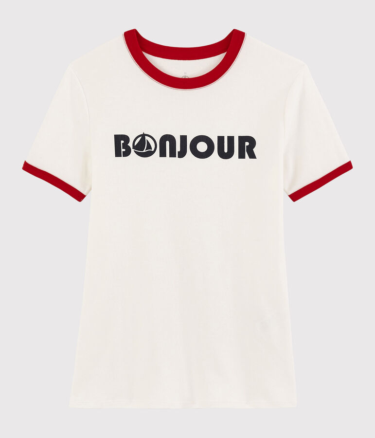 T-shirt imprim&eacute; Bonjour Femme blanc/rouge