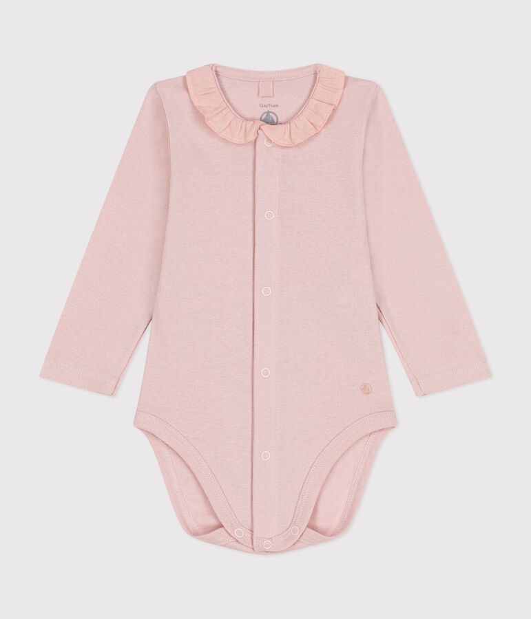 Body manches longues &agrave; collerette en coton b&eacute;b&eacute; rose