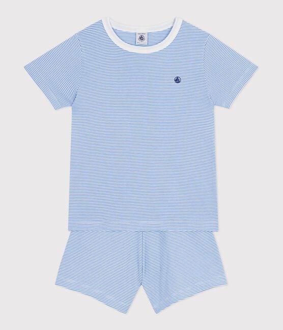 Pyjama short enfant en coton à rayures bleu EDNA/blanc MARSHMALLOW