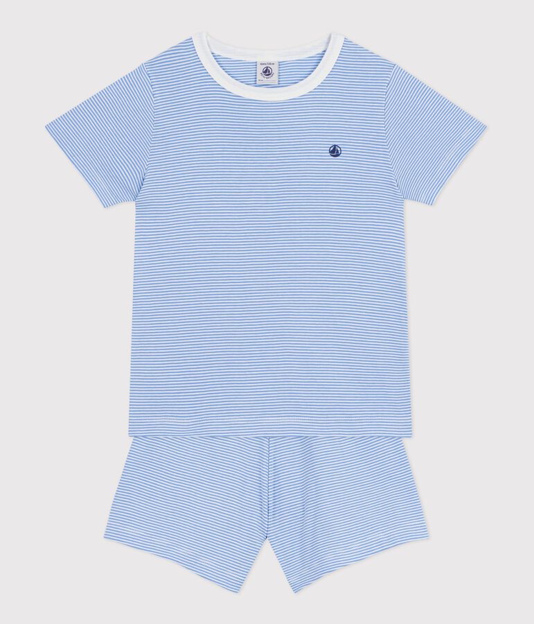 Pyjama short enfant en coton &agrave; rayures bleu EDNA/blanc MARSHMALLOW