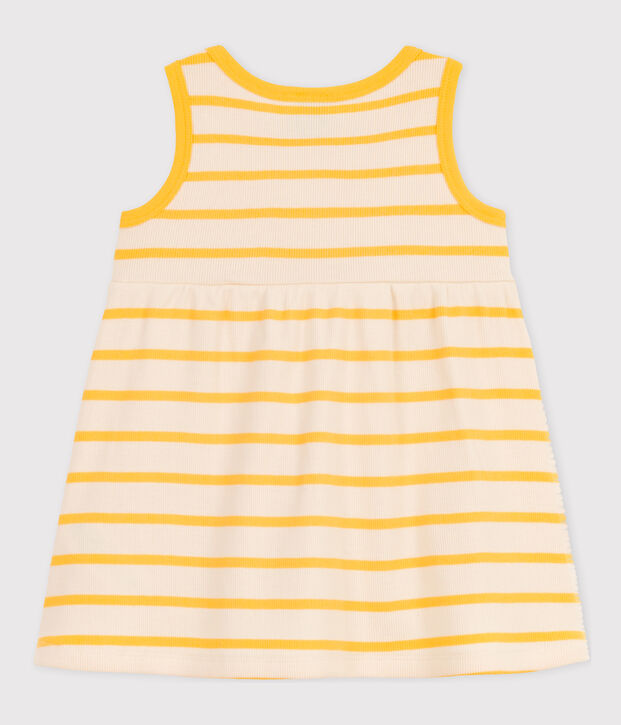 Robe sans manche b&eacute;b&eacute; en maille c&ocirc;tel&eacute;e ray&eacute;e &eacute;cru/jaune