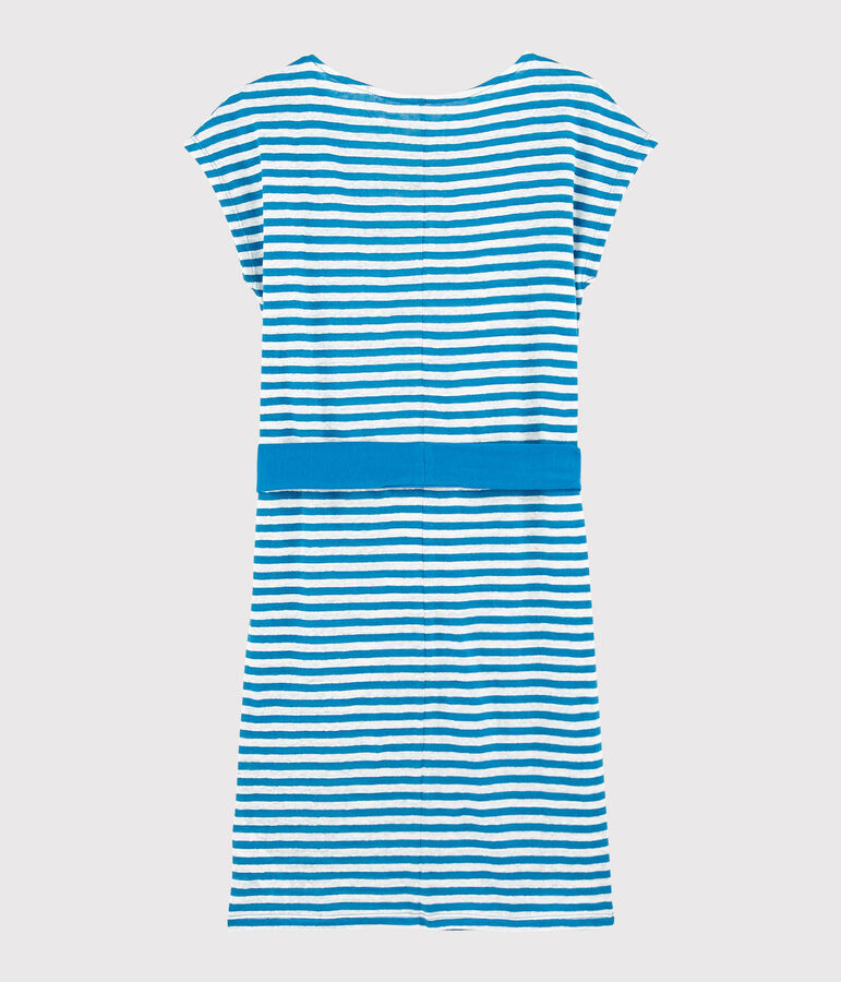 Robe en lin ray&eacute; Femme bleu MYKONOS/blanc MARSHMALLOW