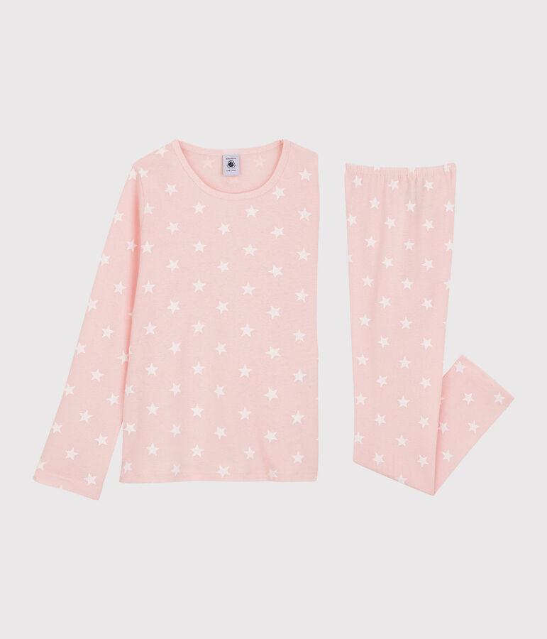 Pyjama imprim&eacute; &eacute;toiles petite fille en coton rose MINOIS/blanc MARSHMALLOW