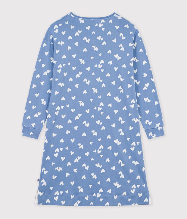 Chemise de nuit femme en coton col tunisien imprim&eacute; c&oelig;urs bleu/blanc
