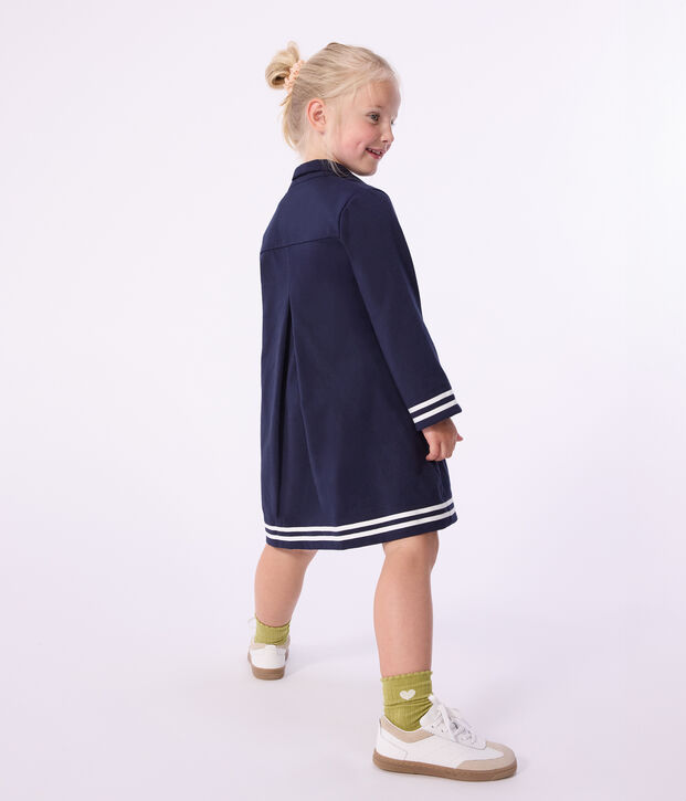 Robe enfant manches longue en coton uni bleu marine