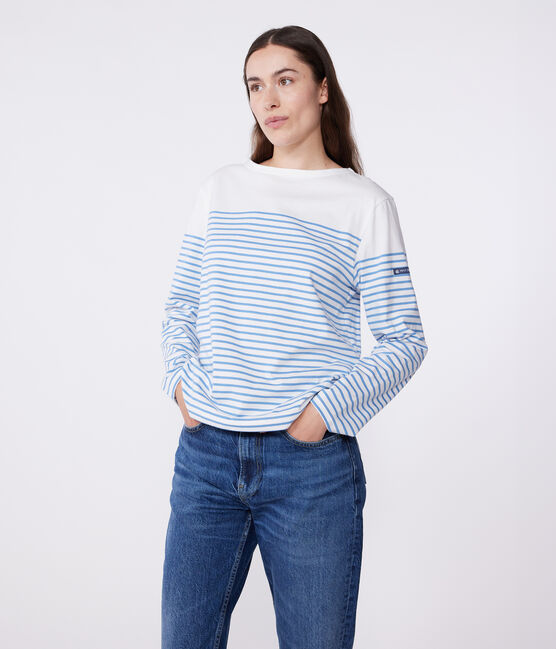 Teeshirt marinière femme en coton manches longues blanc MARSHMALLOW/bleu ALASKA