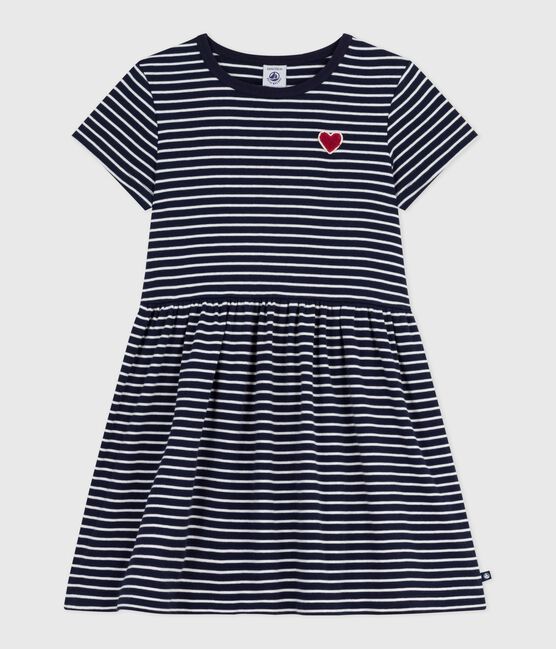 Robe enfant en coton manches courtes rayée bleu SMOKING/blanc MARSHMALLOW