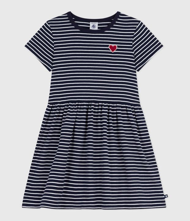 Robe enfant en coton manches courtes ray&eacute;e bleu/blanc