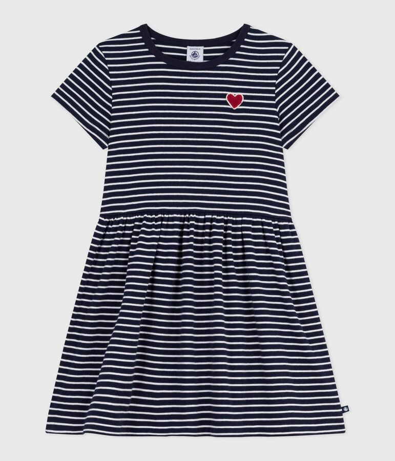 Robe enfant en coton manches courtes ray&eacute;e bleu SMOKING/blanc MARSHMALLOW