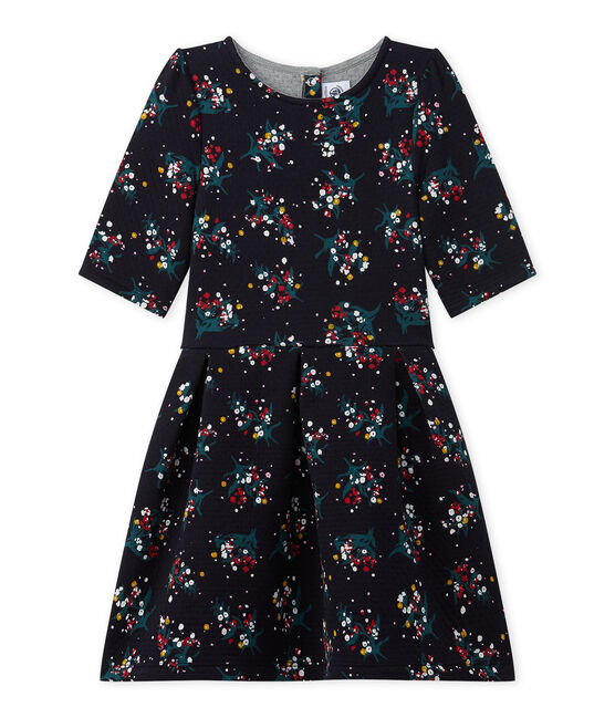 Robe fille manches 3/4 en tubique matelassé bleu SMOKING/blanc MULTICO