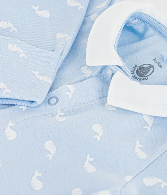 Pyjama bébé en coton à col imprimé baleine bleu TOUDOU/blanc MARSHMALLOW
