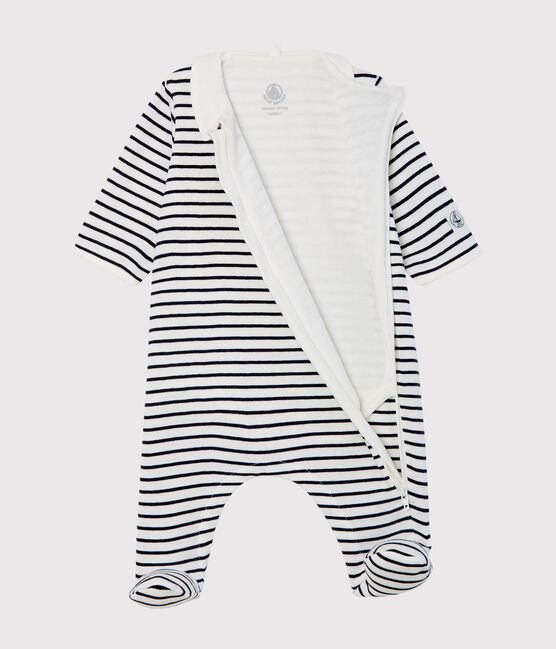 Bodyjama zippé bébé en côte blanc MARSHMALLOW/bleu SMOKING