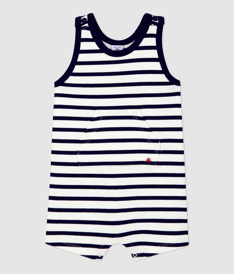 Combinaison courte en jersey &eacute;pais bio b&eacute;b&eacute; blanc/bleu