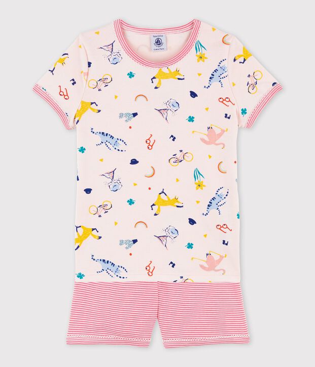 Pyjacourt imprim&eacute; animaux yoga petite fille en coton rose/multicouleur