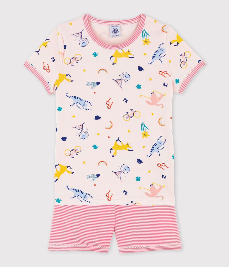Pyjacourt imprim&eacute; animaux yoga petite fille en coton rose FLEUR/blanc MULTICO