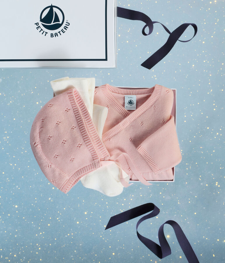 Ensemble cadeau b&eacute;b&eacute; beguin, barboteuse et collant en tricot multicouleur