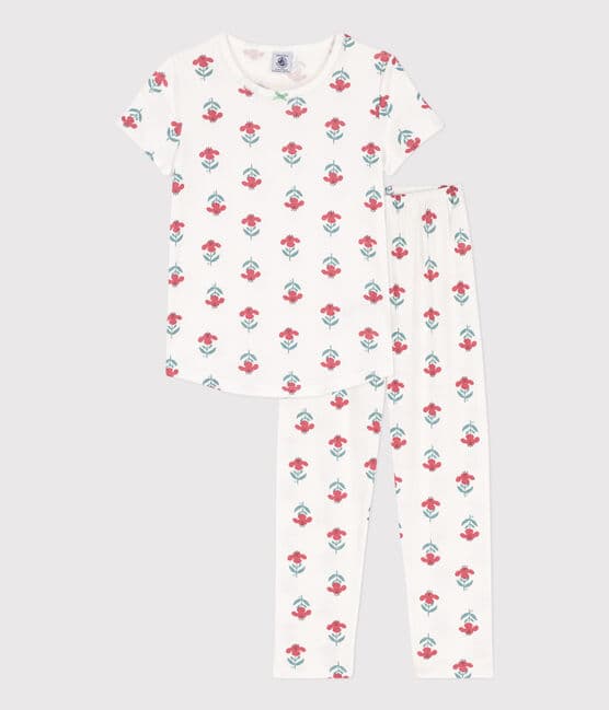 Pyjama manches courtes fleurs en coton petite fille blanc MARSHMALLOW/blanc MULTICO