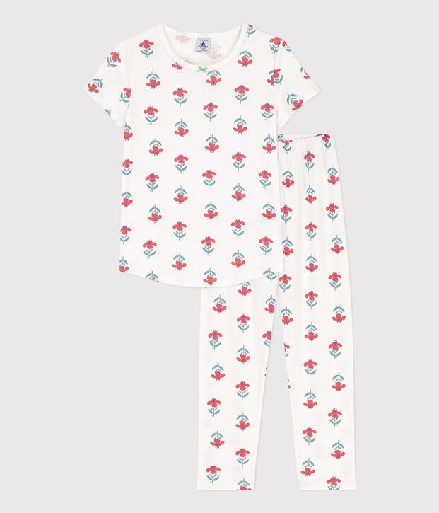 Pyjama manches courtes fleurs en coton petite fille blanc/multicouleur