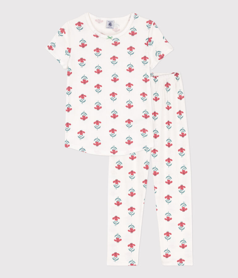 Pyjama manches courtes fleurs en coton petite fille blanc MARSHMALLOW/blanc MULTICO