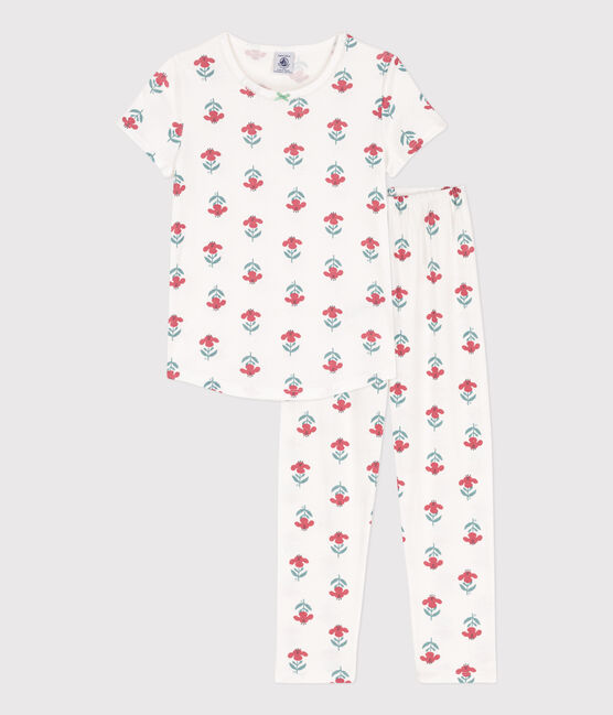 Pyjama manches courtes fleurs en coton petite fille blanc MARSHMALLOW/blanc MULTICO