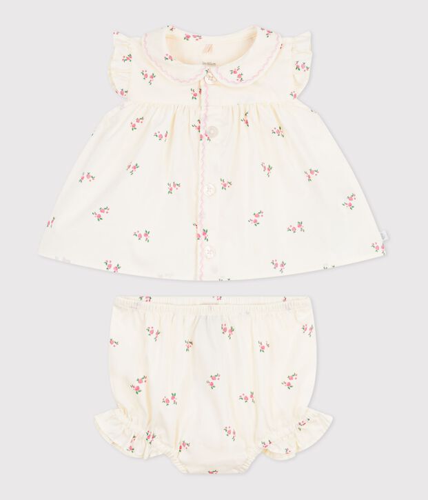 Ensemble 2 pi&egrave;ces b&eacute;b&eacute; en coton, blouse et bloomer imprim&eacute;s fleurs &eacute;cru/multicouleur