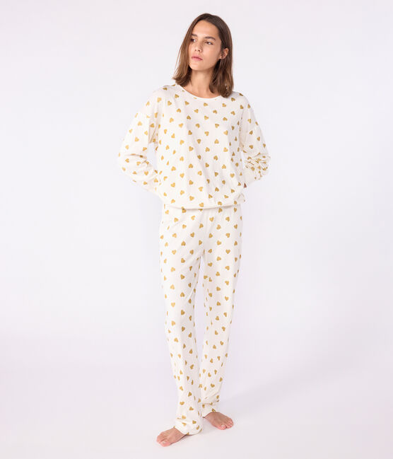 Pyjama femme en coton imprimé cœurs dorés MILK/ DORE