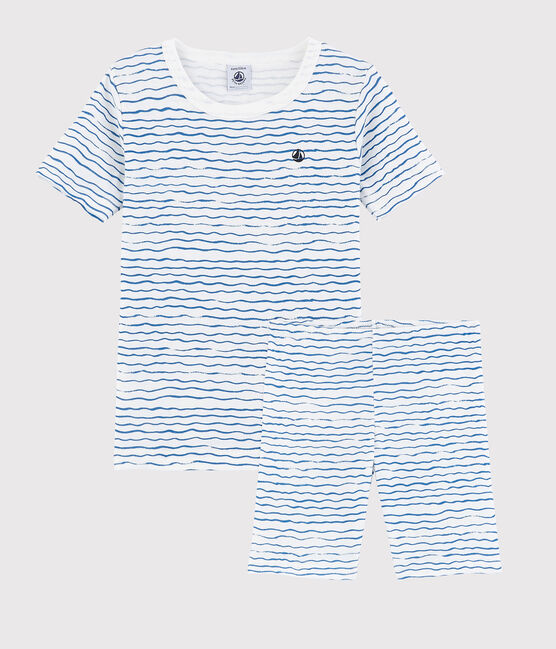 Pyjacourt snugfit imprimé vagues petit garçon en coton blanc MARSHMALLOW/bleu COOL