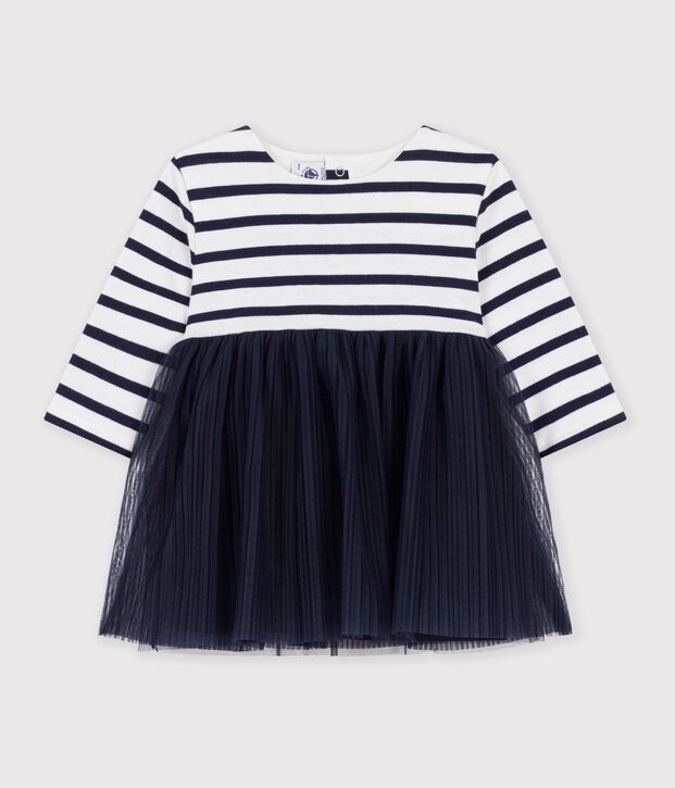 Robe b&eacute;b&eacute; bi-mati&egrave;re manches longues &agrave; rayures blanc/multicouleur