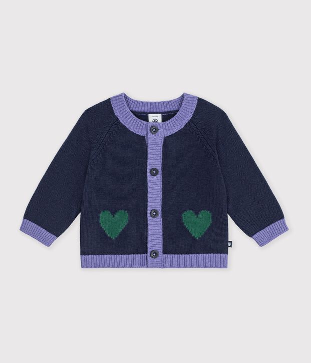 Cardigan b&eacute;b&eacute; en tricot laine et coton et motifs jacquards c&oelig;urs bleu/multicouleur