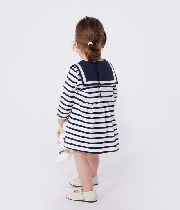 Robe marini&egrave;re b&eacute;b&eacute; en coton &eacute;pais manches longues blanc/bleu