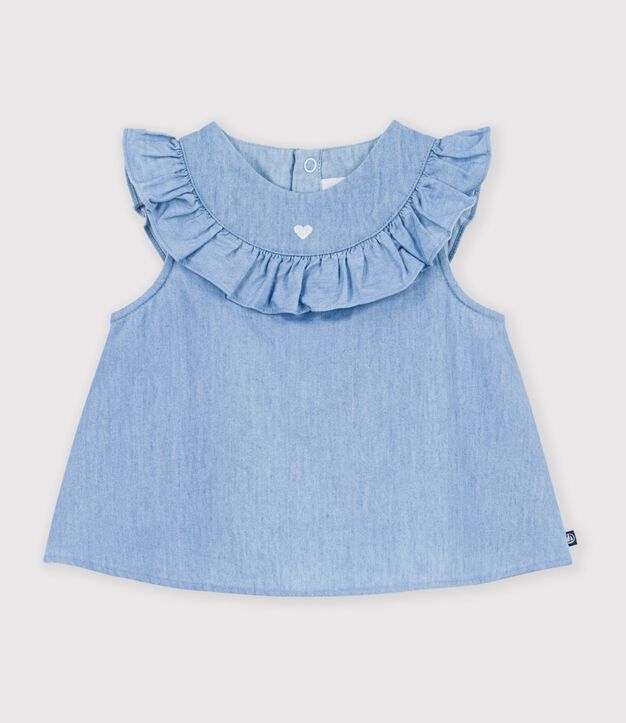 Blouse b&eacute;b&eacute; en coton sans manches en chambray brod&eacute; bleu